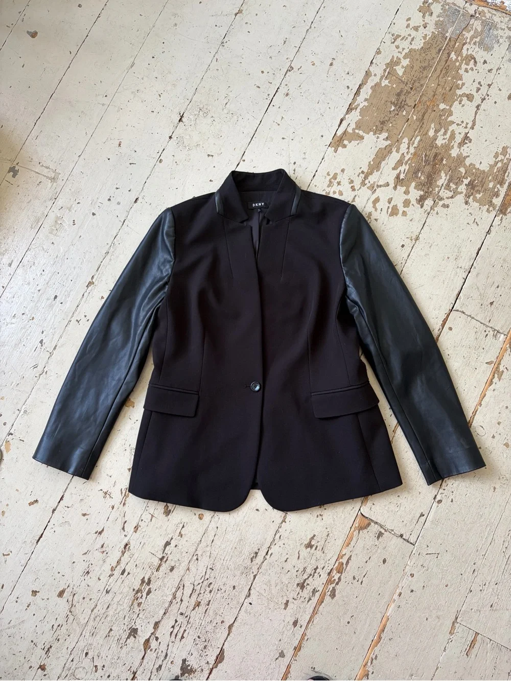 DKNY Black Mixed Media Blazer Jacket with Faux Leather Sleeves